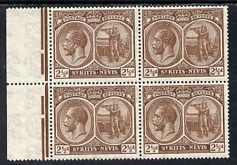 St Kitts-Nevis 1921-29 KG5 Script CA Columbus 2.5d brown marginal block of 4, unmounted mint SG 43, stamps on , stamps on  kg5 , stamps on columbus, stamps on explorers