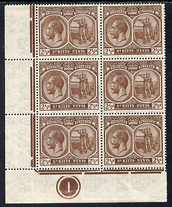 St Kitts-Nevis 1921-29 KG5 Script CA Columbus 2.5d brown SW corner block of 6 with Plate No.1 unmounted mint SG 43, stamps on , stamps on  stamps on , stamps on  stamps on  kg5 , stamps on  stamps on columbus, stamps on  stamps on explorers