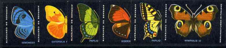 Match Box Labels - complete set of 6 Butterflies, superb unused condition (Finnish SOK Factory), stamps on butterflies