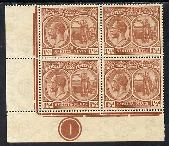 St Kitts-Nevis 1921-29 KG5 Script CA Columbus 1.5d red-brown SW corner block of 4 with Plate No.1 unmounted mint SG 40a3, stamps on , stamps on  stamps on , stamps on  stamps on  kg5 , stamps on  stamps on columbus, stamps on  stamps on explorers