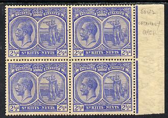 St Kitts-Nevis 1921-29 KG5 Script CA Columbus 2.5d bright blue block of 4, unmounted mint light toning SG 42, stamps on , stamps on  kg5 , stamps on columbus, stamps on explorers