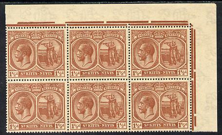 St Kitts-Nevis 1921-29 KG5 Script CA Columbus 1.5d brown NE corner block of 6 unmounted mint SG 40a, stamps on , stamps on  stamps on , stamps on  stamps on  kg5 , stamps on  stamps on columbus, stamps on  stamps on explorers