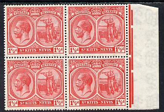 St Kitts-Nevis 1921-29 KG5 Script CA Columbus 1.5d red block of 4 unmounted mint SG 40, stamps on , stamps on  kg5 , stamps on columbus, stamps on explorers