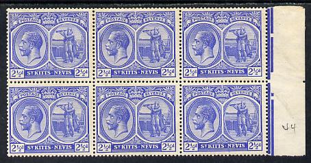 St Kitts-Nevis 1921-29 KG5 Script CA Columbus 2.5d ultramarine block of 6 - 4 stamps unmounted one stamp with dented Frame (R5-3) SG 44, stamps on , stamps on  kg5 , stamps on columbus, stamps on explorers