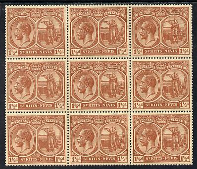 St Kitts-Nevis 1921-29 KG5 Script CA Columbus 1.5d red-brown block of 9, unmounted one stamp with dented Frame (R5-3) SG 40a, stamps on , stamps on  stamps on , stamps on  stamps on  kg5 , stamps on  stamps on columbus, stamps on  stamps on explorers