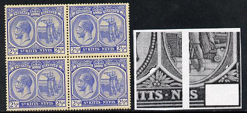 St Kitts-Nevis 1921-29 KG5 Script CA Columbus 2.5d ultramarine block of 4, unmounted one stamp with dented Frames (R5-4) SG 44, stamps on , stamps on  stamps on , stamps on  stamps on  kg5 , stamps on  stamps on columbus, stamps on  stamps on explorers