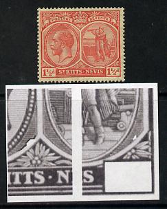 St Kitts-Nevis 1921-29 KG5 Script CA Columbus 1.5d red single mounted mint with dented Frames (R5-4) SG 40, stamps on , stamps on  stamps on , stamps on  stamps on  kg5 , stamps on  stamps on columbus, stamps on  stamps on explorers