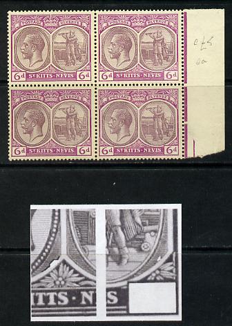 St Kitts-Nevis 1921-29 KG5 Script CA Columbus 6d dull & bright purple block of 4, unmounted one stamp with dented Frames (R5-4) SG 46, stamps on , stamps on  stamps on , stamps on  stamps on  kg5 , stamps on  stamps on columbus, stamps on  stamps on explorers