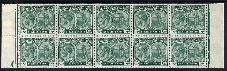 St Kitts-Nevis 1921-29 KG5 Script CA Columbus 1/2d blue-green marginal block of 10 unmounted mint (folded) with flaw above TTS on R5-3 & dented Frames on R5-4, SG 37, stamps on , stamps on  kg5 , stamps on columbus, stamps on explorers