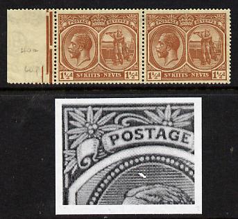 St Kitts-Nevis 1921-29 KG5 Script CA Columbus 1.5d red-brown horiz pair unmounted one stamp with Flaw above Kings Head R6-1) SG 40a, stamps on , stamps on  kg5 , stamps on columbus, stamps on explorers