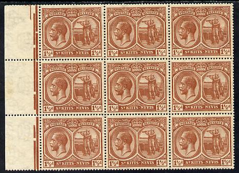 St Kitts-Nevis 1921-29 KG5 Script CA Columbus 1.5d red-brown block of 9, unmounted one stamp with background flaw (R7-1) SG 40a, stamps on , stamps on  stamps on , stamps on  stamps on  kg5 , stamps on  stamps on columbus, stamps on  stamps on explorers