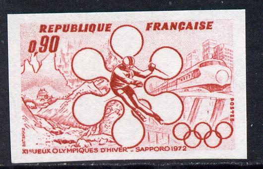France 1972 Winter Olympic Games 90c imperf colour trial in red unmounted mint as SG 1949, stamps on olympics