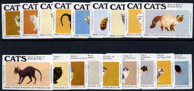 Match Box Labels - complete set of 18 Cats, superb unused condition (Cornish Match Co for Finlays), stamps on , stamps on  stamps on cats