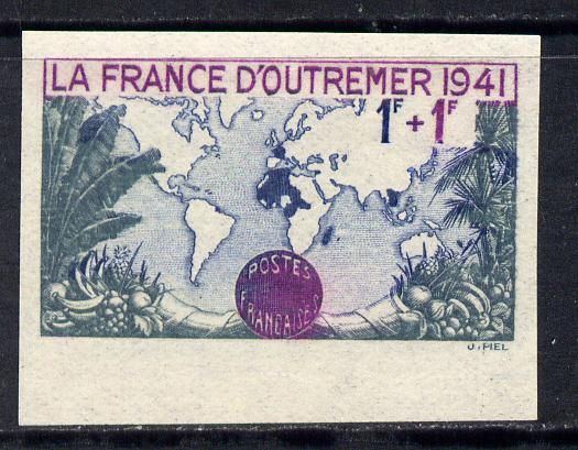 France 1941 Overseas Propaganda 1f+1f imperf in issued colours mounted mint as SG 708, stamps on tourism, stamps on hotels
