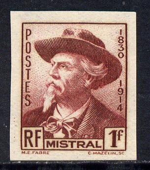 France 1941 Frederic Mistral (poet) 1f imperf in issued colour mounted mint as SG 698, stamps on personalities, stamps on poets, stamps on 