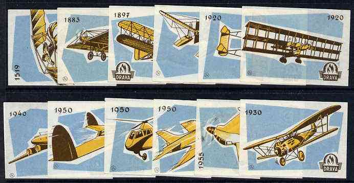 Match Box Labels - complete set of 12 History of Aviation, superb unused condition (Yugoslavian Drava series), stamps on aviation