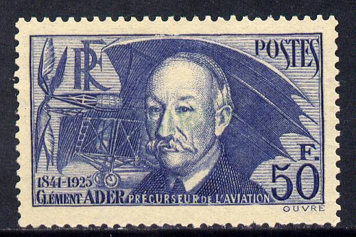 France 1938 Clement Ader (air pioneer) unused without gum with very feint SPECIMEN h/stamp as SG612a, stamps on personalities, stamps on aviotion