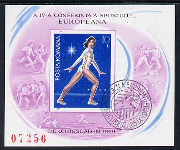 Rumania 1979 European Sports Conference imperf m/sheet from limited printing showing Gymnast fine cds used SG MS 4487, stamps on , stamps on  stamps on sports, stamps on  stamps on gymnastics