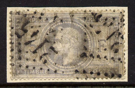 France 1869 Empire 5f useful space filler affixed to small piece thereby hiding small tears and thins, original catalogues \A31,100, stamps on 