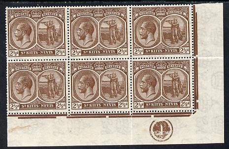 St Kitts-Nevis 1921-29 KG5 Script CA Columbus 2.5d brown SE corner block of 6 with Plate No.1 unmounted mint SG 43, stamps on , stamps on  kg5 , stamps on columbus, stamps on explorers