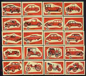 Match Box Labels - complete set of 20 Cars (red on yellow) superb unused condition (Yugoslavian Drava series), stamps on cars