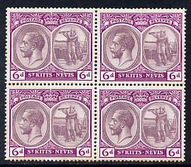 St Kitts-Nevis 1921-29 KG5 Script CA Columbus 6d dull & bright purple block of 4, unmounted but slight foxing around perfs SG 46, stamps on , stamps on  stamps on , stamps on  stamps on  kg5 , stamps on  stamps on columbus, stamps on  stamps on explorers