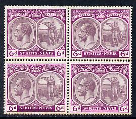 St Kitts-Nevis 1921-29 KG5 Script CA Columbus 6d dull & bright purple block of 4, unmounted but slight foxing around perfs SG 46, stamps on , stamps on  stamps on , stamps on  stamps on  kg5 , stamps on  stamps on columbus, stamps on  stamps on explorers