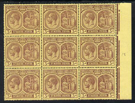 St Kitts-Nevis 1921-29 KG5 Script CA Medicinal Spring 3d purple on yellow marginal block of 9 unmounted mint SG 45a, stamps on , stamps on  stamps on , stamps on  stamps on  kg5 , stamps on  stamps on 