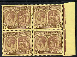 St Kitts-Nevis 1921-29 KG5 Script CA Medicinal Spring 3d purple on yellow marginal block of 4 unmounted mint SG 45a, stamps on , stamps on  stamps on , stamps on  stamps on  kg5 , stamps on  stamps on 