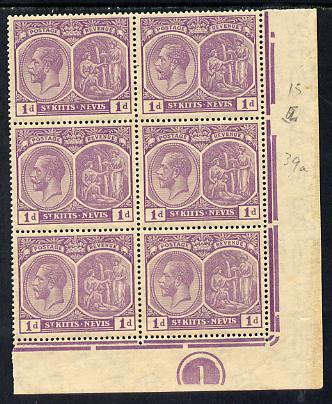 St Kitts-Nevis 1921-29 KG5 Script CA Medicinal Spring 1d violet SE corner block of 6 with Plate No.1 unmounted mint SG 39, stamps on , stamps on  kg5 , stamps on columbus, stamps on explorers