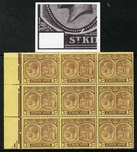 St Kitts-Nevis 1921-29 KG5 Script CA Medicinal Spring 3d purple on yellow marginal block of 9 one stamp with Pearl Flaw above K (R5-1), unmounted mint SG 45a, stamps on , stamps on  stamps on , stamps on  stamps on  kg5 , stamps on  stamps on 