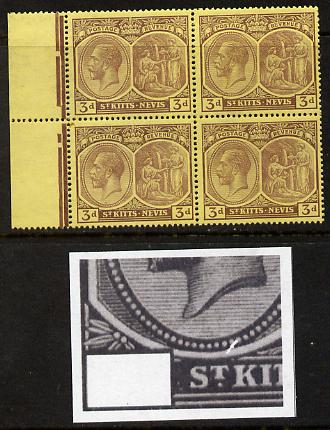 St Kitts-Nevis 1921-29 KG5 Script CA Medicinal Spring 3d purple on yellow marginal block of 4 one stamp with Pearl Flaw above K (R5-1), unmounted mint SG 45a, stamps on , stamps on  stamps on , stamps on  stamps on  kg5 , stamps on  stamps on 