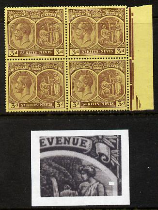 St Kitts-Nevis 1921-29 KG5 Script CA Medicinal Spring 3d purple on yellow marginal block of 4 one stamp with Broken line of shading at right (R5-5), unmounted mint SG 45a