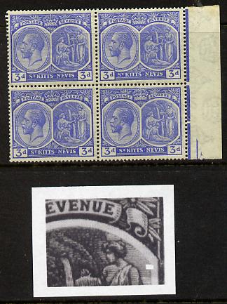 St Kitts-Nevis 1921-29 KG5 Script CA Medicinal Spring 3d ultramarine marginal block of 4 one stamp with Broken line of shading at right (R5-5), unmounted mint SG 45, stamps on , stamps on  stamps on , stamps on  stamps on  kg5 , stamps on  stamps on 