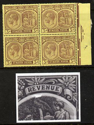 St Kitts-Nevis 1921-29 KG5 Script CA Medicinal Spring 3d purple on yellow marginal block of 4 one stamp with Damaged Right Vignette at top (R7-5), unmounted mint SG 45a