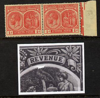 St Kitts-Nevis 1921-29 KG5 Script CA Medicinal Spring 1d rose-carmine horiz pair one stamp with Damaged Right Vignette at top (R7-5), mounted mint SG 38, stamps on , stamps on  stamps on , stamps on  stamps on  kg5 , stamps on  stamps on 