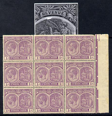 St Kitts-Nevis 1921-29 KG5 Script CA Medicinal Spring 1d violet marginal block of 9 one stamp with Damaged Right Vignette at top (R7-5), unmounted mint SG 39, stamps on , stamps on  kg5 , stamps on 