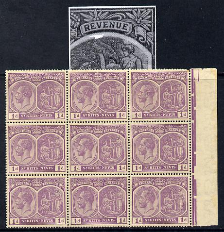 St Kitts-Nevis 1921-29 KG5 Script CA Medicinal Spring 1d violet marginal block of 9 one stamp with Damaged Right Vignette at top (R7-5), unmounted mint SG 39, stamps on , stamps on  kg5 , stamps on 