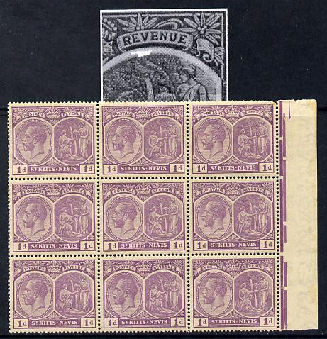 St Kitts-Nevis 1921-29 KG5 Script CA Medicinal Spring 1d violet marginal block of 9 one stamp with Damaged Right Vignette at top (R7-5), unmounted mint SG 39, stamps on , stamps on  stamps on , stamps on  stamps on  kg5 , stamps on  stamps on 