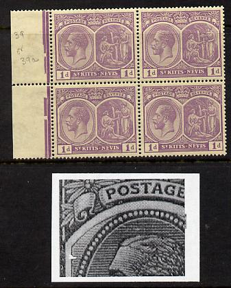 St Kitts-Nevis 1921-29 KG5 Script CA Medicinal Spring 1d violet marginal block of 4 one stamp with Damaged Left Vignette at top (R9-1), unmounted mint SG 39, stamps on , stamps on  stamps on , stamps on  stamps on  kg5 , stamps on  stamps on 