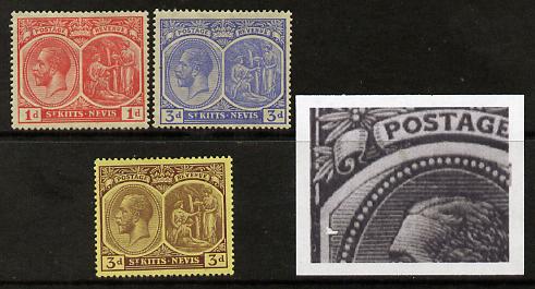 St Kitts-Nevis 1921-29 KG5 Script CA Medicinal Spring 1d rose-carmine, 3d ultramarine and 3d purple on yellow singles each with Damaged Left Vignette at top (R9-1), mounted mint SG 38, 45 & 45a, stamps on , stamps on  stamps on , stamps on  stamps on  kg5 , stamps on  stamps on 