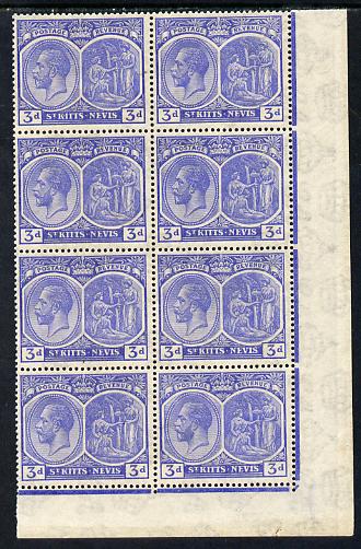 St Kitts-Nevis 1921-29 KG5 Script CA Medicinal Spring 3d ultramarine SE corner block of 8 without plate number unmounted mint SG 45, stamps on , stamps on  stamps on , stamps on  stamps on  kg5 , stamps on  stamps on 