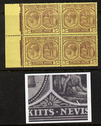 St Kitts-Nevis 1921-29 KG5 Script CA Medicinal Spring 3d purple on yellow marginal block of 4 one stamp with Damaged Right Vignette at bottom (R11-1), unmounted mint SG 4..., stamps on , stamps on  kg5 , stamps on 