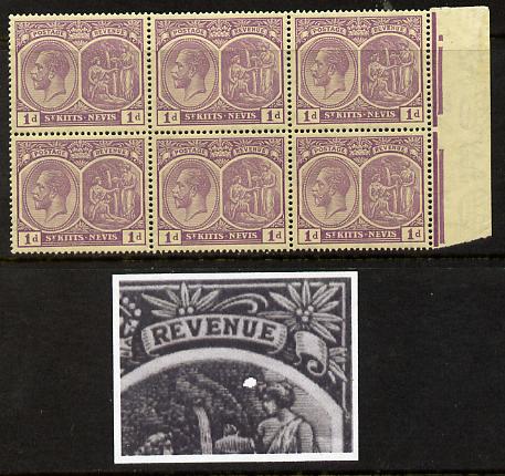 St Kitts-Nevis 1921-29 KG5 Script CA Medicinal Spring 1d violet marginal block of 6 one stamp with white flaw in right vignette (R11-3), unmounted mint SG 39, stamps on , stamps on  stamps on , stamps on  stamps on  kg5 , stamps on  stamps on 