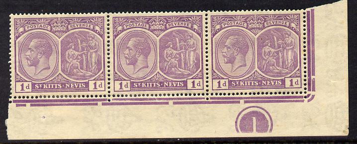 St Kitts-Nevis 1921-29 KG5 Script CA Medicinal Spring 1d violet SE corner strip of 3 with Plate No.1 mounted mint perfs reinforced SG 39, stamps on , stamps on  stamps on , stamps on  stamps on  kg5 , stamps on  stamps on 