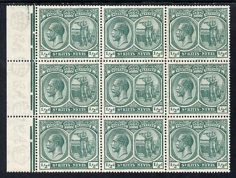 St Kitts-Nevis 1921-29 KG5 Script CA Columbus 1/2d blue-green marginal block of 9 unmounted mint with incomplete 'd' of value on R7-2, SG 37, stamps on , stamps on  stamps on , stamps on  stamps on  kg5 , stamps on  stamps on columbus, stamps on  stamps on explorers