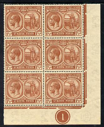St Kitts-Nevis 1921-29 KG5 Script CA Columbus 1.5d red-brown SE corner block of 6 with Plate No.1 unmounted mint SG 40a, stamps on , stamps on  kg5 , stamps on columbus, stamps on explorers