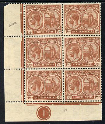 St Kitts-Nevis 1921-29 KG5 Script CA Columbus 1.5d red-brown SW corner block of 6 with Plate No.1 unmounted mint few split perfs SG 40a, stamps on , stamps on  stamps on , stamps on  stamps on  kg5 , stamps on  stamps on columbus, stamps on  stamps on explorers