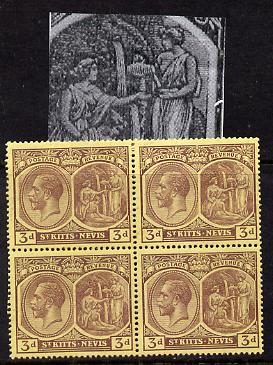 St Kitts-Nevis 1921-29 KG5 Script CA Medicinal Spring 3d purple on yellow marginal block of 4 one stamp with Frame split at right (R8-1), unmounted mint SG 45a, stamps on , stamps on  stamps on , stamps on  stamps on  kg5 , stamps on  stamps on 