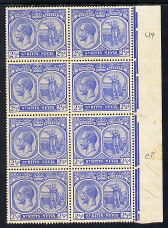 St Kitts-Nevis 1921-29 KG5 Script CA Columbus 2.5d bright blue marginal block of 8, unmounted mint SG 42, stamps on , stamps on  kg5 , stamps on columbus, stamps on explorers